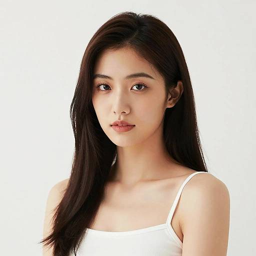 Photograph of an East Asian woman with long, straight black hair, fair skin, and brown eyes, wearing a white tank top, against a white