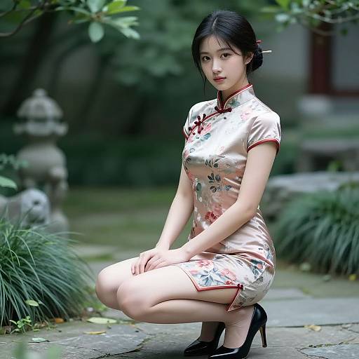 Photograph of an Asian woman with black hair in a bun, squatting in a garden, wearing a shiny, floral-patterned cheongsam and