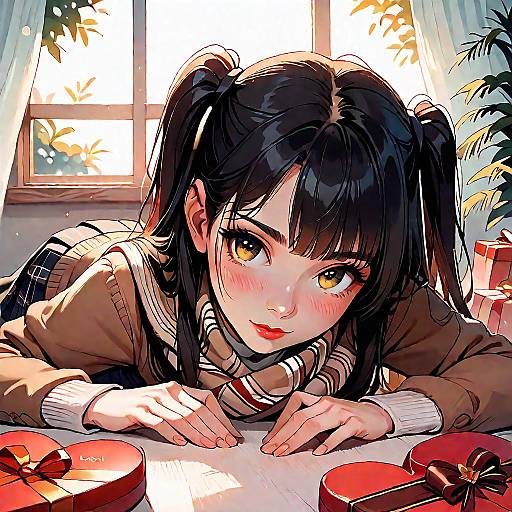 Anime Girl with Gifts and Scarf Indoors