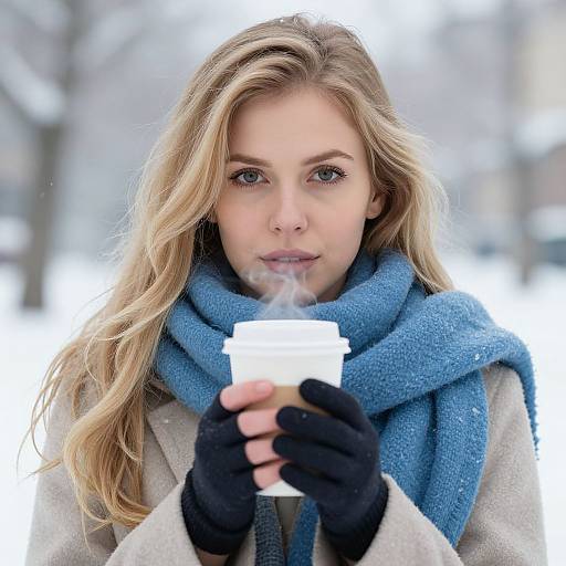 Photograph of a blonde woman with blue scarf, black gloves, and white coat, holding a steaming cup in snowy outdoor setting.
