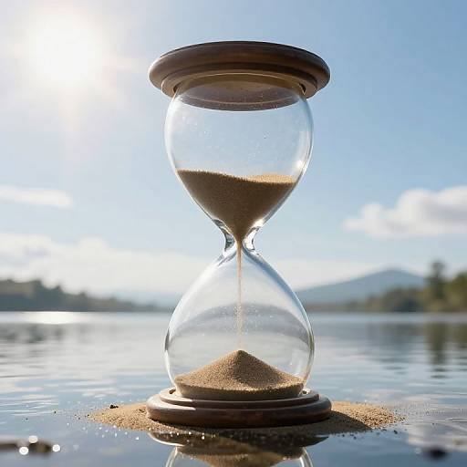 Photograph of a wooden hourglass with sand flowing, sitting in calm water with a blurred mountain and sky backdrop.