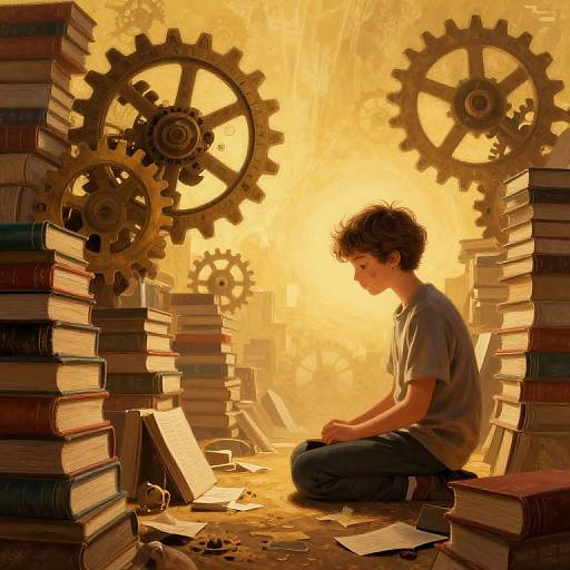 Digital painting of a young boy with curly hair, sitting cross-legged among tall stacks of books, surrounded by large gears, illuminated by a bright, golden