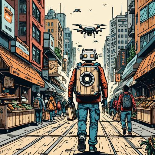 Cyborg Street Vendor with Steaming Food Container in Futuristic City