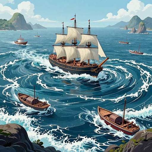 Vibrant digital illustration of a large, sail-filled pirate ship cutting through swirling ocean waves, surrounded by smaller boats, with lush islands in the background