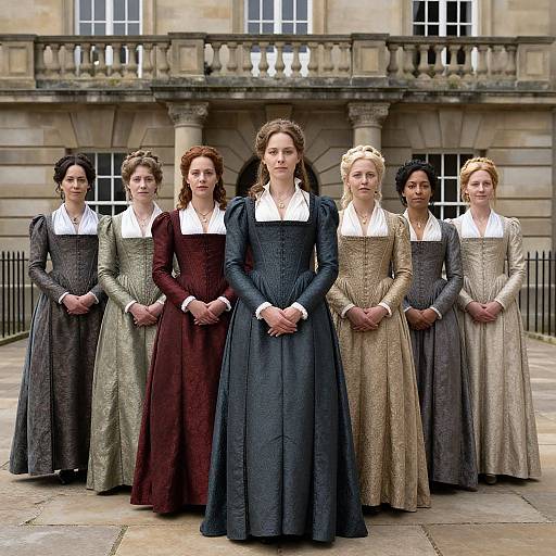 Photograph of seven women in Victorian-style dresses, standing in front of a stone building with a balustrade, each with hands clasped, wearing