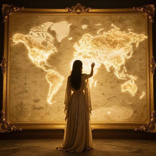 Silhouetted woman in flowing dress points at a fiery world map, framed in ornate gold, in a dimly lit room.