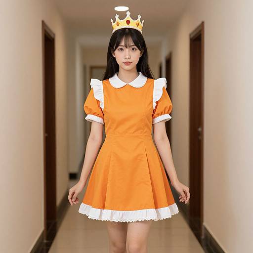 Woman in Orange Maid Costume