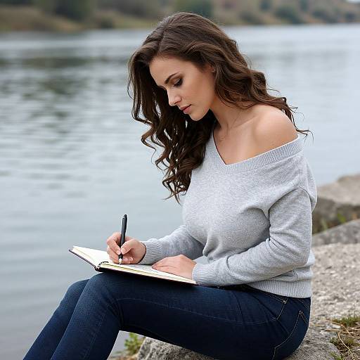 Photograph of a brunette woman with wavy hair, wearing an off-shoulder gray sweater and black jeans, writing in a notebook by a lakes