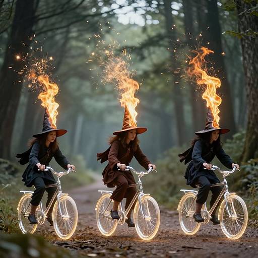 Photograph of three witches on glowing bicycles in a forest, each with a fire atop their pointed hat, creating magical light trails.