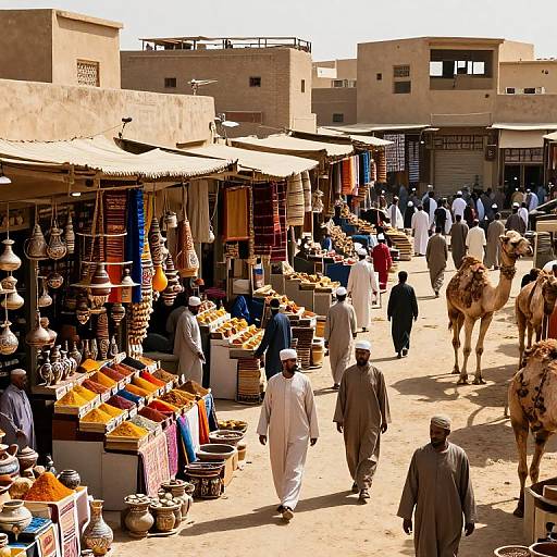 Photograph of bustling Middle Eastern market street with vendors selling colorful pottery, baskets, and spices. Men in traditional clothing walk among camels under beige aw