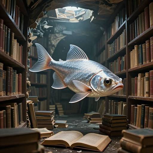 Photograph: A silver fish with reflective scales swims through a dimly lit, narrow library aisle filled with stacked books and open books on the floor.