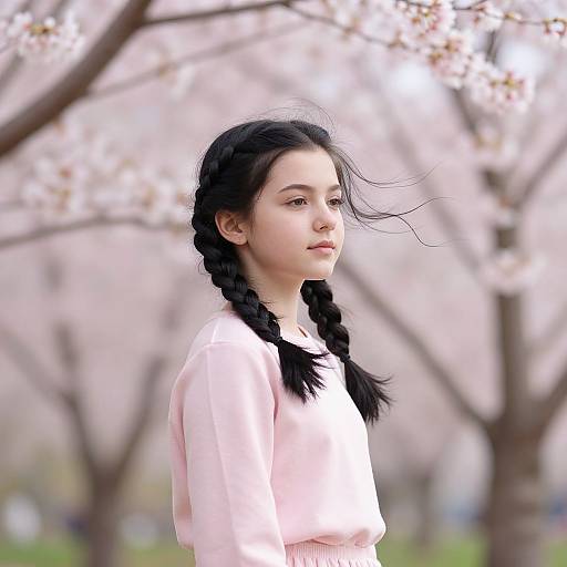 Photograph of a young Asian girl with black braided hair, wearing a pink sweater, standing in a cherry blossom tree-filled background.