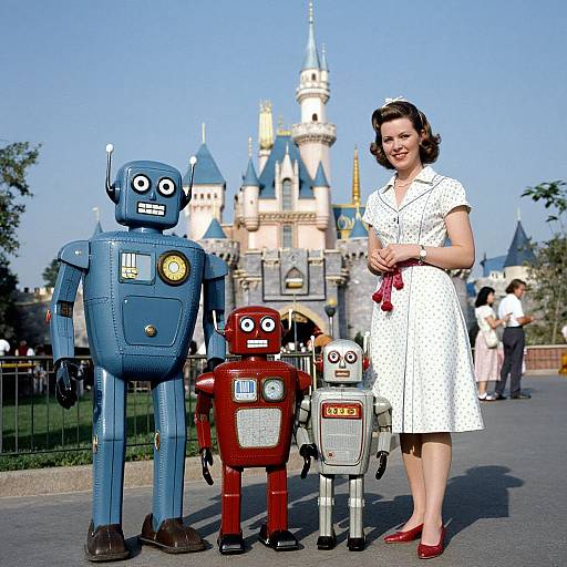 Photograph of 1950s-style woman in white polka-dot dress, standing with three vintage robots in front of a Disney castle.