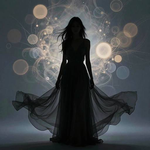 Silhouetted woman in flowing black dress, holding fabric out, against a radiant, circular light and bokeh background. Ethereal, mystical vibe