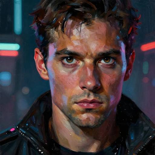 Digital painting of a serious, rugged man with short brown hair, intense green eyes, and a slight stubble, against a neon-lit, blurry