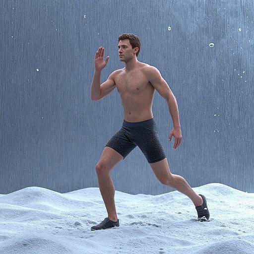 Shirtless, muscular man in black shorts and socks, running in snow under falling water, with blue-gray background. Digital rendering.