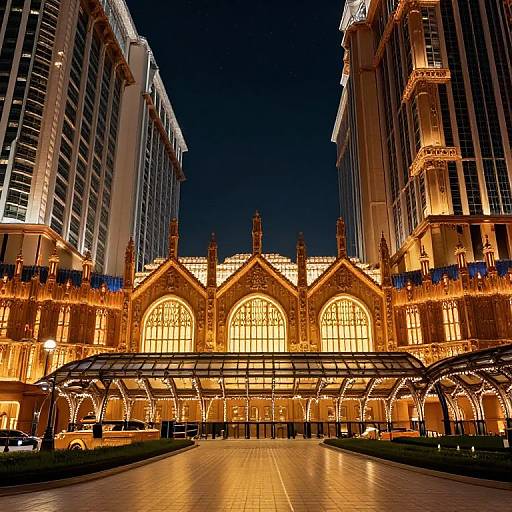 Photograph of a brightly lit, ornate train station at night, surrounded by tall, illuminated skyscrapers, with a glass canopy in the foreground