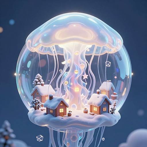 Photorealistic CGI of a glowing jellyfish with snow-covered miniature houses inside, illuminated by soft yellow lights, against a dark blue night sky.