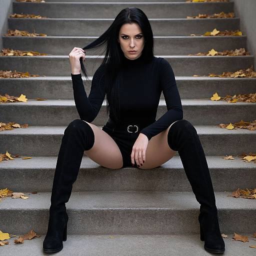 Photograph of a pale-skinned, black-haired woman in a black long-sleeve bodysuit and thigh-high boots, sitting on concrete stairs