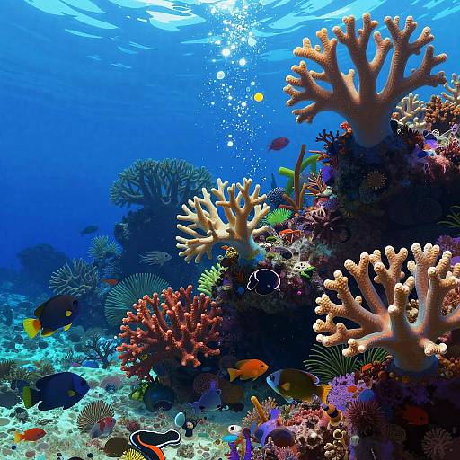 Vibrant underwater photograph: colorful coral reef with orange, pink, and beige corals, various small fish, and clear blue water. Sunlight