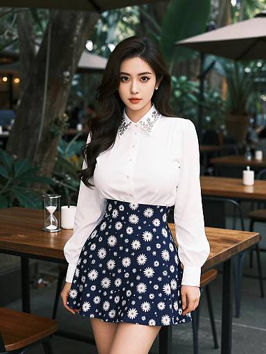 Photograph of a young woman with long black hair, wearing a white long-sleeve blouse and a navy floral skirt, standing in a lush,