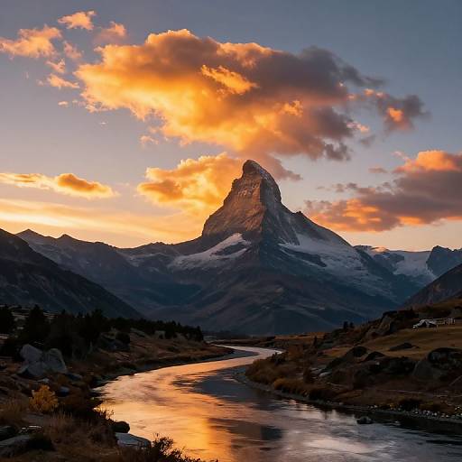 Photograph of a dramatic mountain peak at sunset, with vibrant orange clouds, reflecting in a winding river below, surrounded by dark, forested hills.