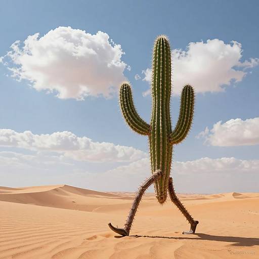 Photograph of a walking cactus in a desert with sandy dunes and a bright blue sky with fluffy white clouds.