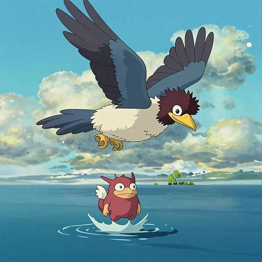 Digital cartoon of a blue and white bird with dark head, flying over a red, surprised bird splashing in ocean water. Bright blue sky with fluffy