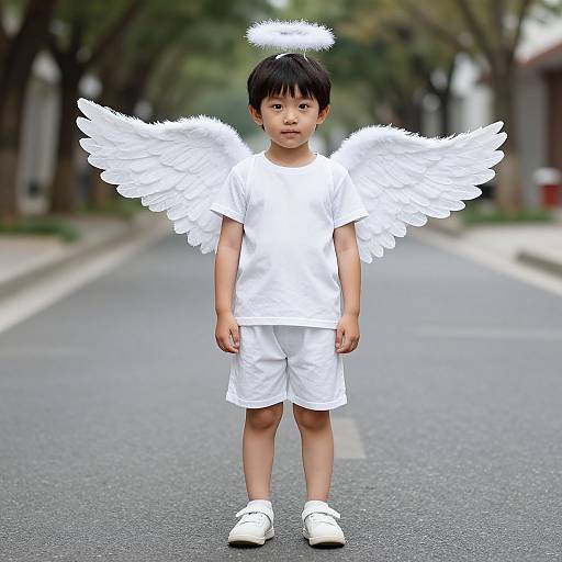 Photograph of an Asian toddler with black hair wearing a white angel costume, including wings, halo, shirt, shorts, and shoes, standing on a