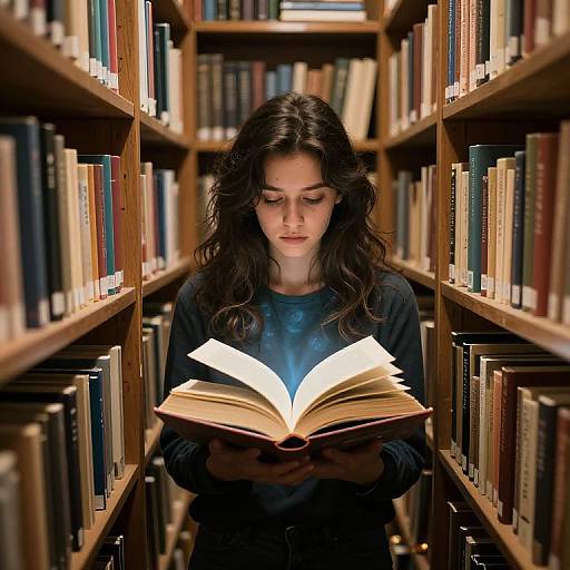 Photograph of a young woman with wavy dark hair, wearing a black shirt, reading an open book in a dimly lit library aisle with wooden