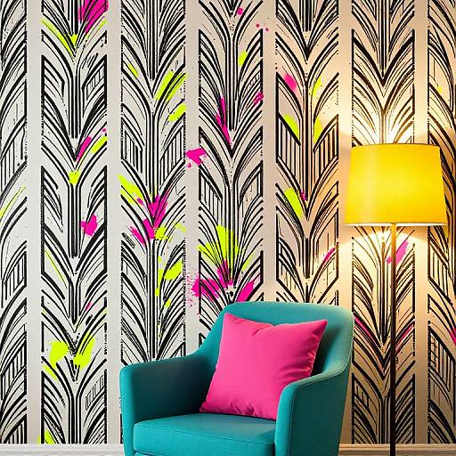 Vibrant room with teal armchair, pink pillow, black-and-white patterned wallpaper, and yellow-lit floor lamp. Bold, colorful accents