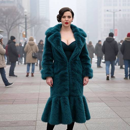 Photograph of a fair-skinned woman with red lipstick, black hair in an updo, wearing a teal fur coat, standing in a foggy