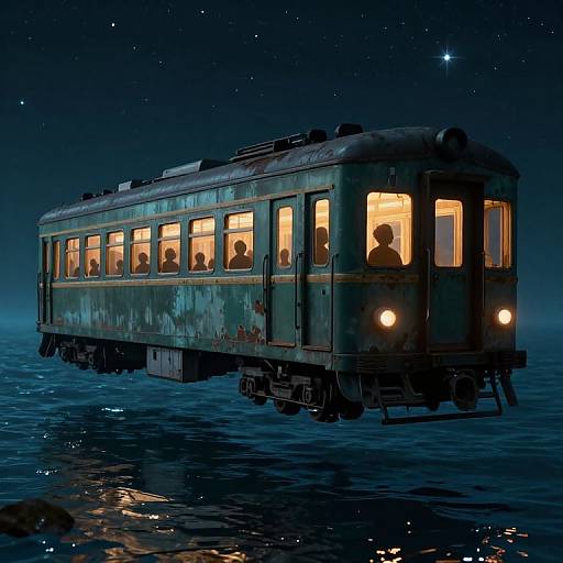 Photorealistic CGI of a worn, blue, illuminated train car floating on dark, starry water at night, with silhouetted passengers inside