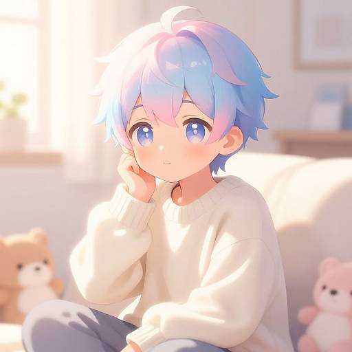 Digital anime-style drawing of a cute, blue-haired child with large blue eyes, wearing a white sweater, sitting on a couch with soft, blurred ted