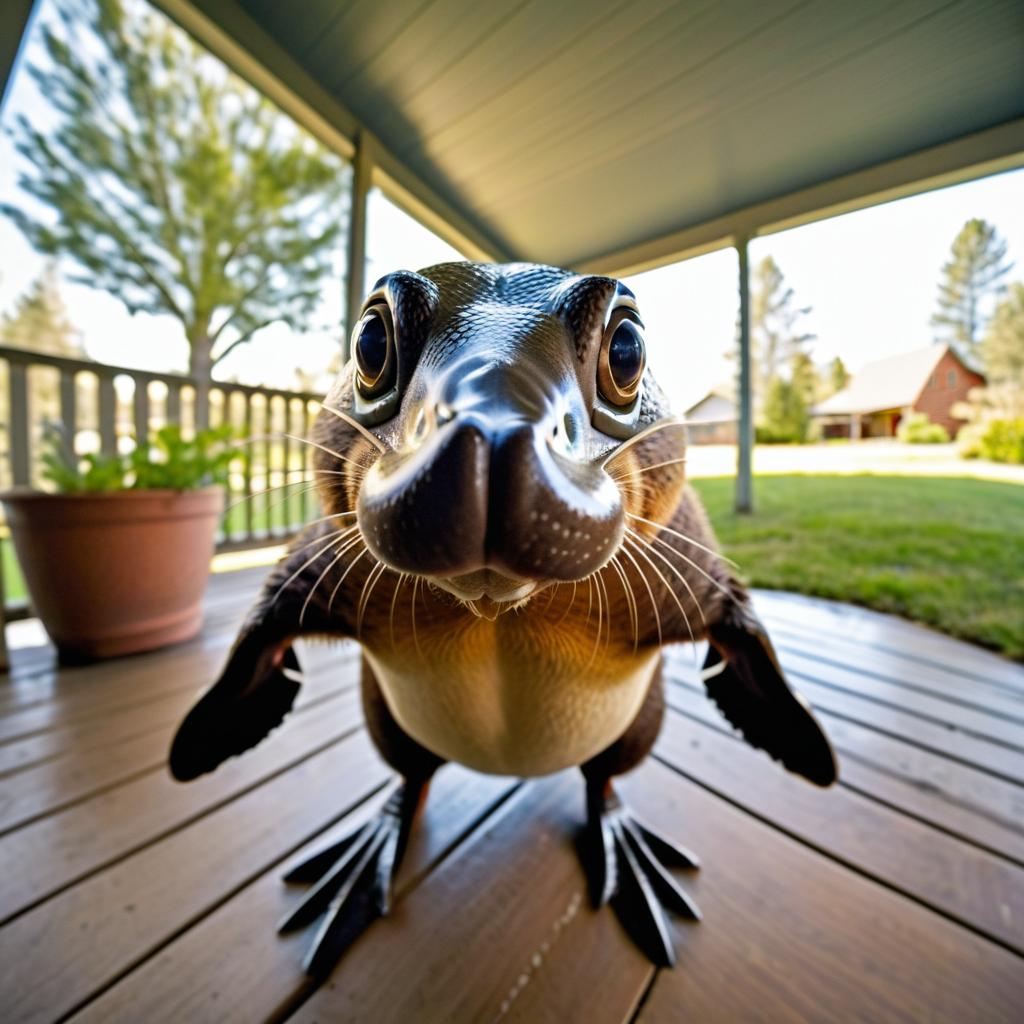 Comically Distorted Platypus on Porch