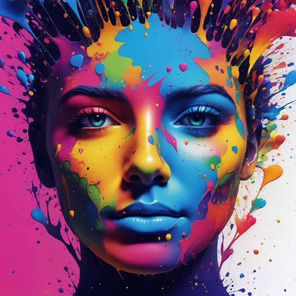 Surreal Colorful Face with Paint Splatters