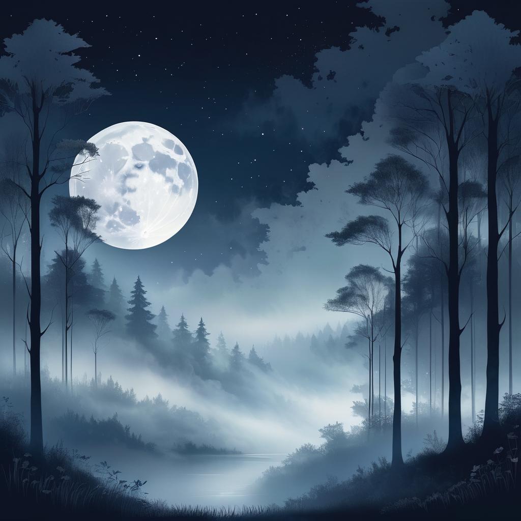 Melancholy Moon Over Misty Forest