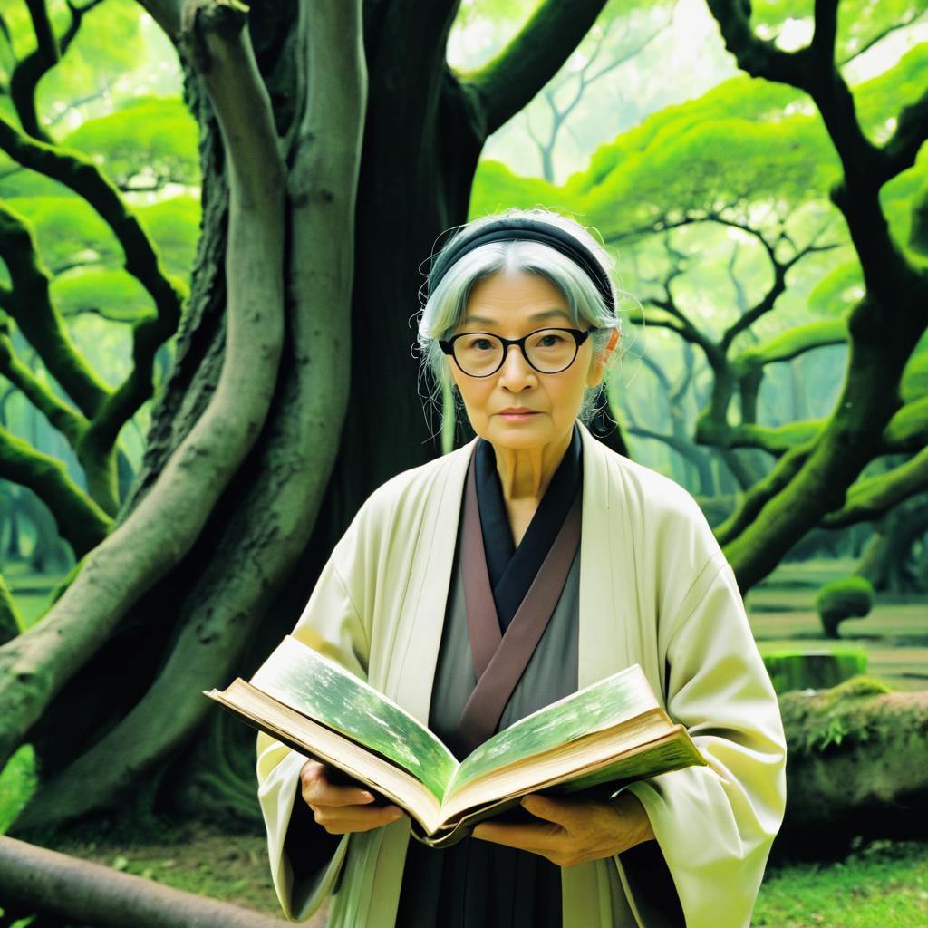 Elderly Woman with Tattered Book Surrounded by Trees