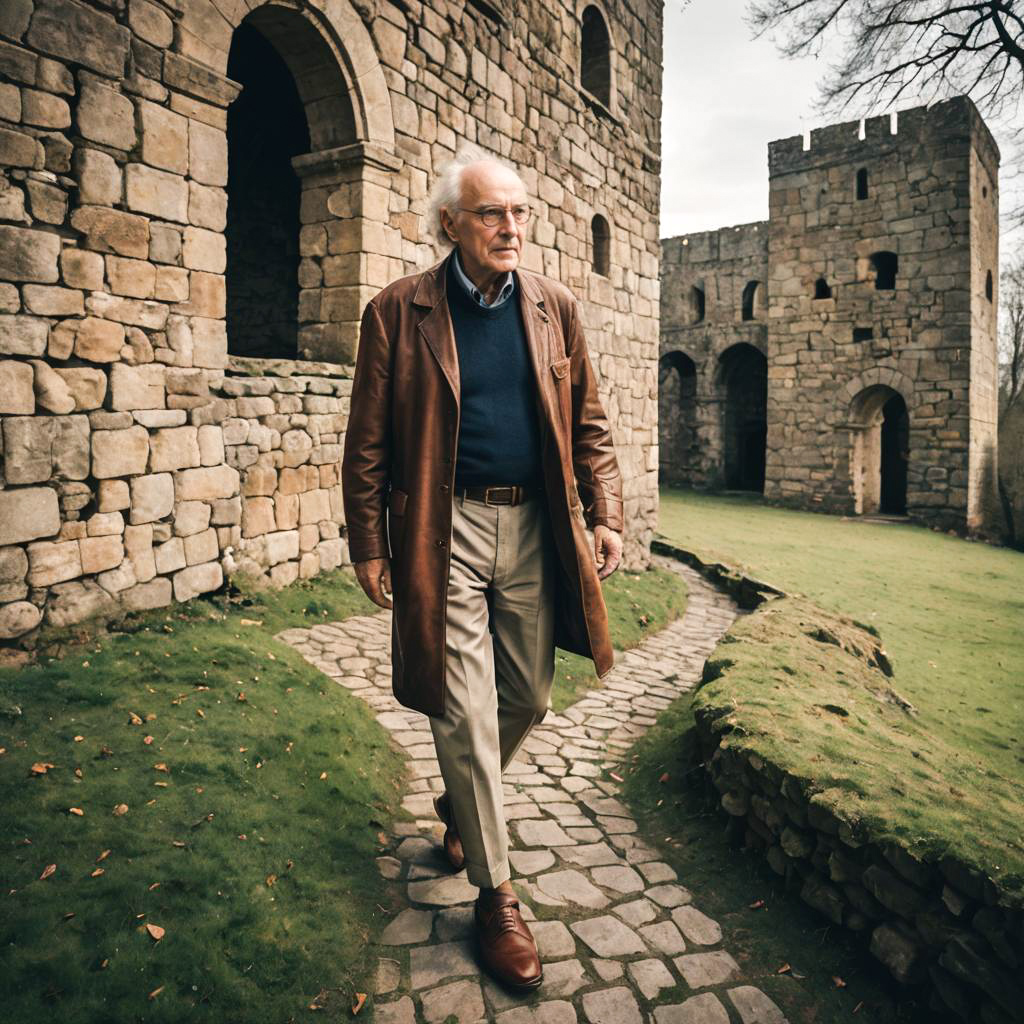 Elderly Man Exploring Ancient Castle Ruins