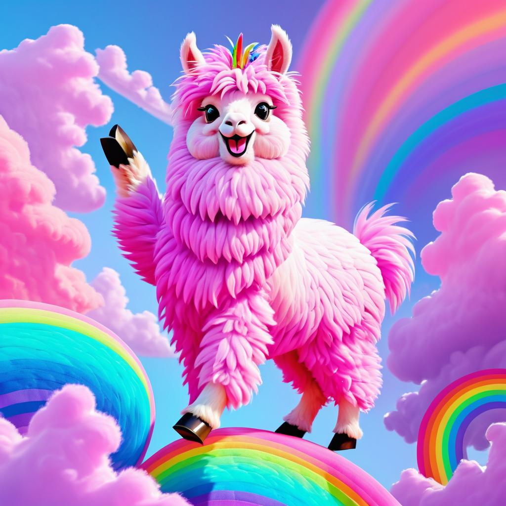 Whimsical Pink Llama Dancing on Rainbows