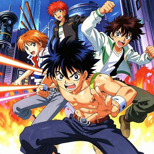 Dynamic anime illustration of four male characters in action pose, cityscape background, vibrant colors, black-haired central character shirtless, red-haired characters, intense