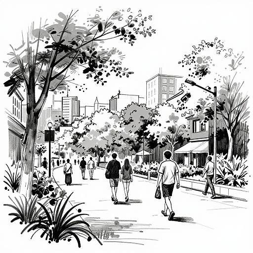 Black and White Urban Sketch Scene
