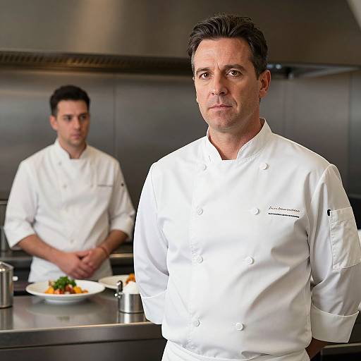 Photograph of two male chefs in white uniforms in a modern, stainless steel kitchen. Foreground chef with dark hair, serious expression; background chef slightly