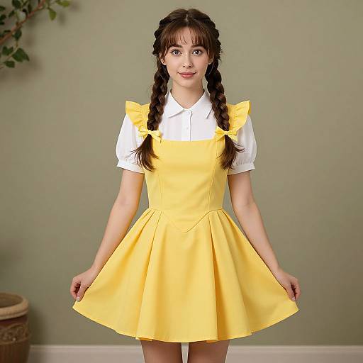 Photograph of a young woman with braided brown hair, wearing a white collared shirt and bright yellow pinafore dress, standing in front of