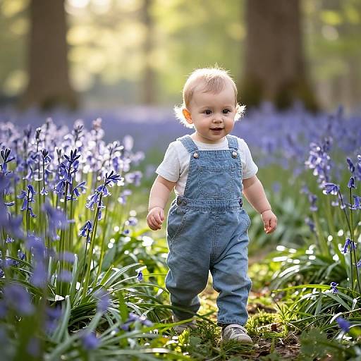 Photograph of a smiling baby in blue overalls and white shirt, walking through a sunlit forest filled with blooming bluebell flowers.