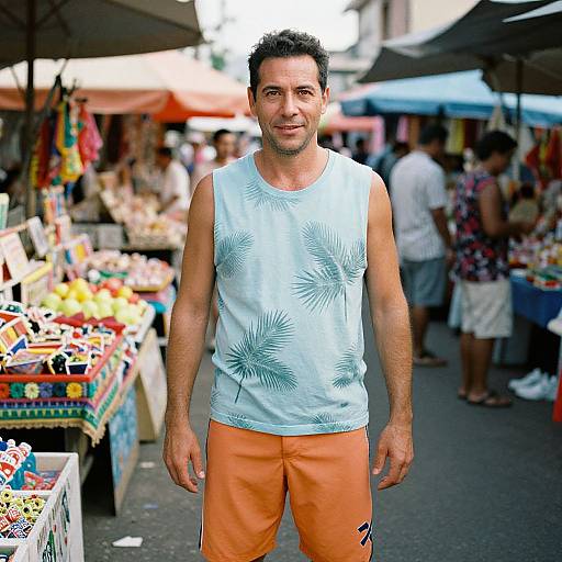 Photograph of a middle-aged man with short, dark hair, wearing a light blue, palm-patterned tank top and orange shorts, standing in a