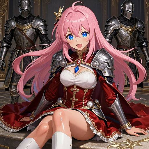 Anime-style digital illustration of a pink-haired girl with blue eyes in a red and white armored dress, seated with armored knights in the background.