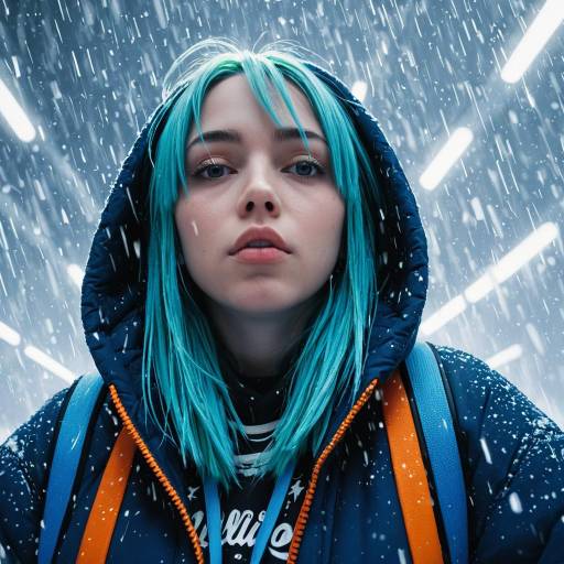 Young Woman with Turquoise Hair in Snowfall