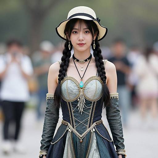 Photograph of an Asian woman with long black braids, wearing a beige hat, black corset dress with gold accents, and black gloves, standing