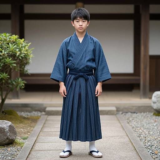 Photograph of a young Asian boy in a blue kimono, standing on a stone pathway in front of a traditional Japanese house with wooden frames and green